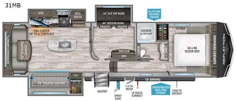 RV floor plan with bunk beds and queen bed.