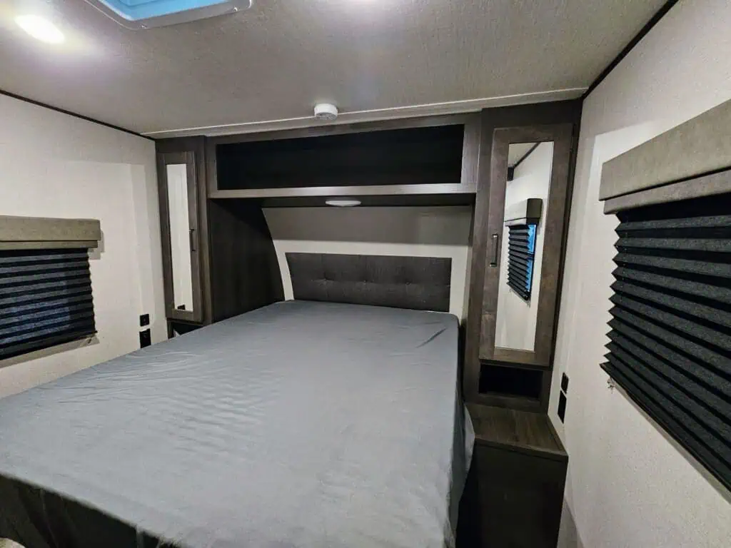 RV bedroom with queen-size bed.