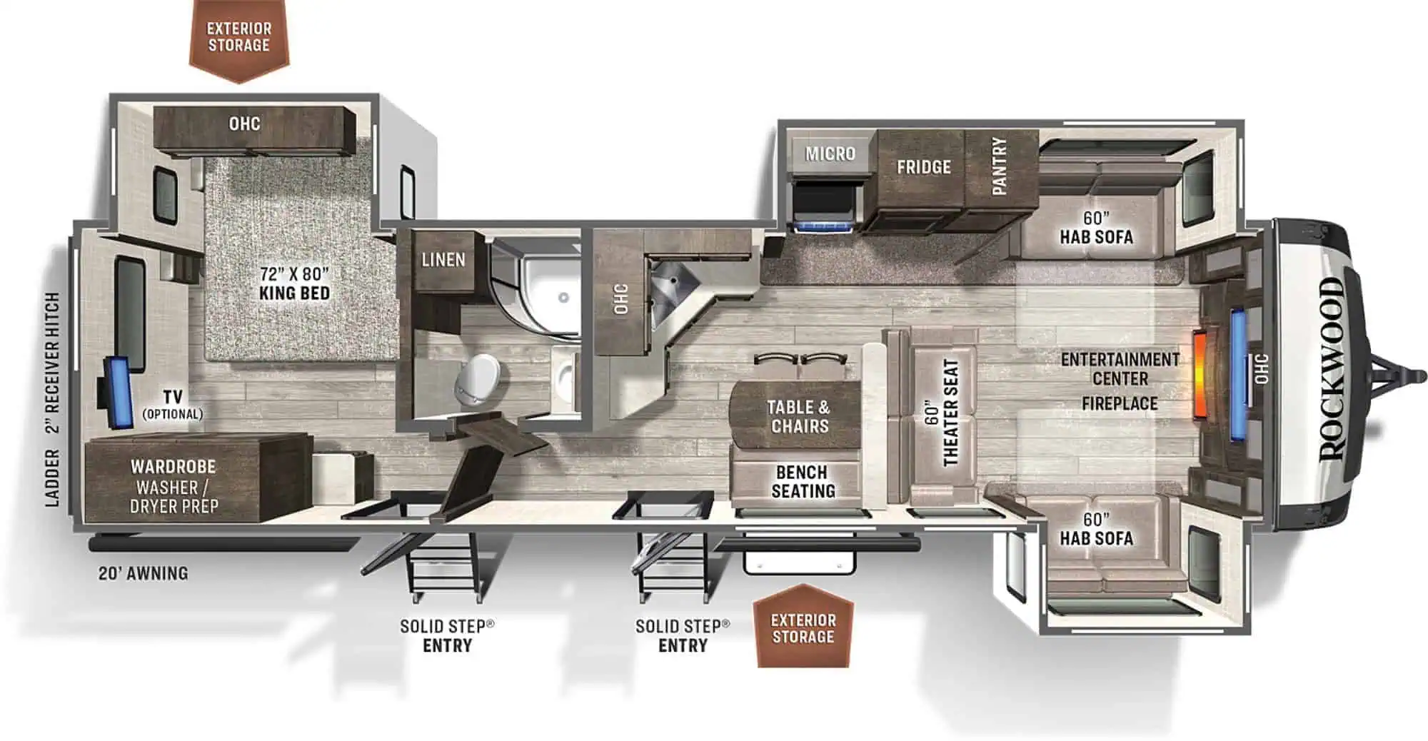 RV floor plan with labeled areas and amenities.